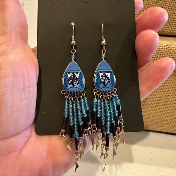 Set of 2 pairs Boho / Southwestern Earrings - silver beaded dangles blues, red - Picture 9 of 11